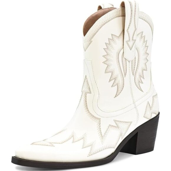 Shoes - Women Metallic Embroidered Pointed Toe Cowgirl Boots Chunky Heel Pull-On White
